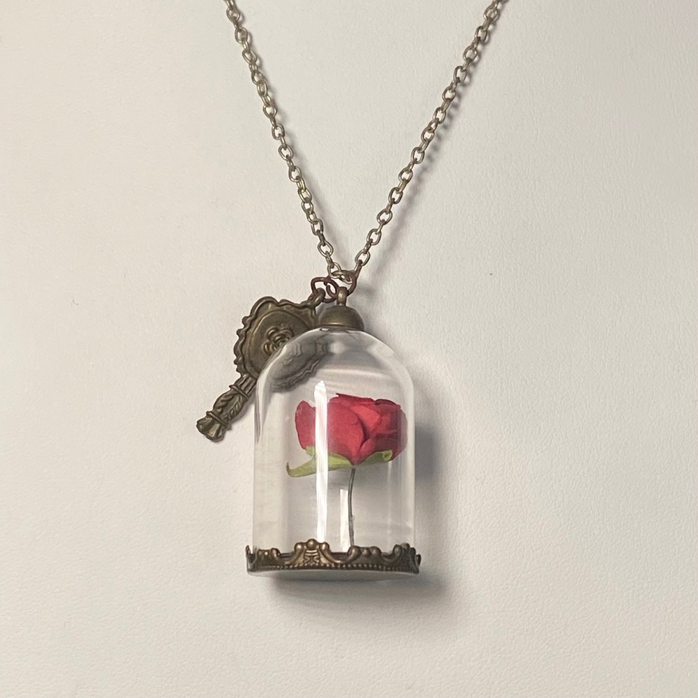 Beauty and the Beast Rose Necklace Womens Bronze Enchanted Key Whimsical Belle